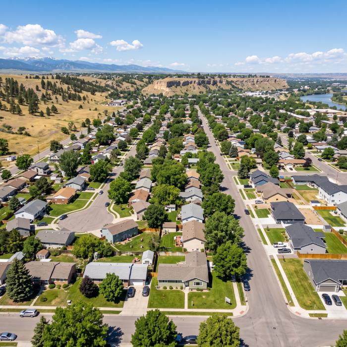 Aerial view of a Billings Montana residential neighborhood illustrating the local housing market a mortgage broker helps buyers navigate